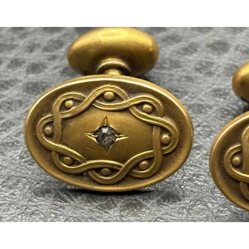 Antique Victorian Gold Filled Cufflinks Paste Stone Star Burst Swirl Bean Back